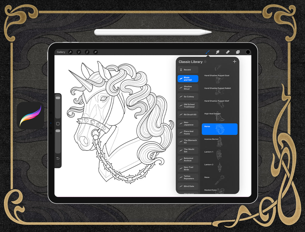Blade and Veil 100 Tattoo Flash Stamps for Procreate by Lilith Jacobs and Tattoo Smart an ipad with a tattoo stamp
