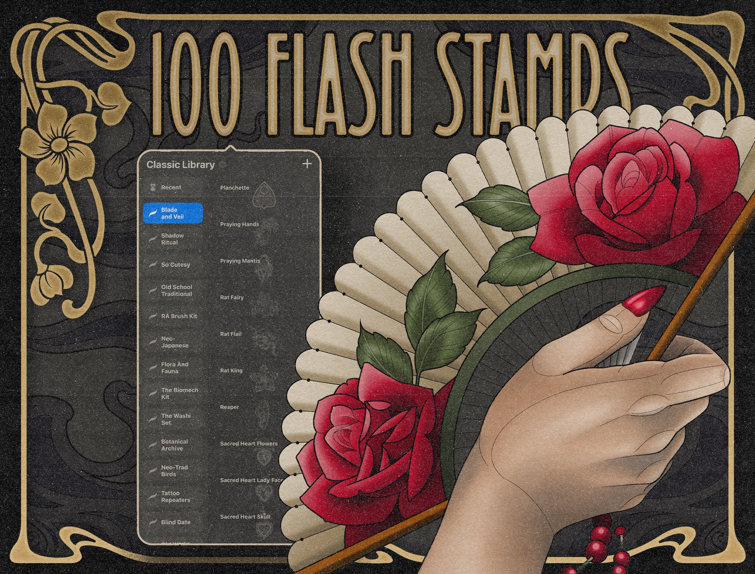 Blade and Veil 100 Tattoo Flash Stamps for Procreate by Lilith Jacobs and Tattoo Smart a Procreate brush set of tattoos