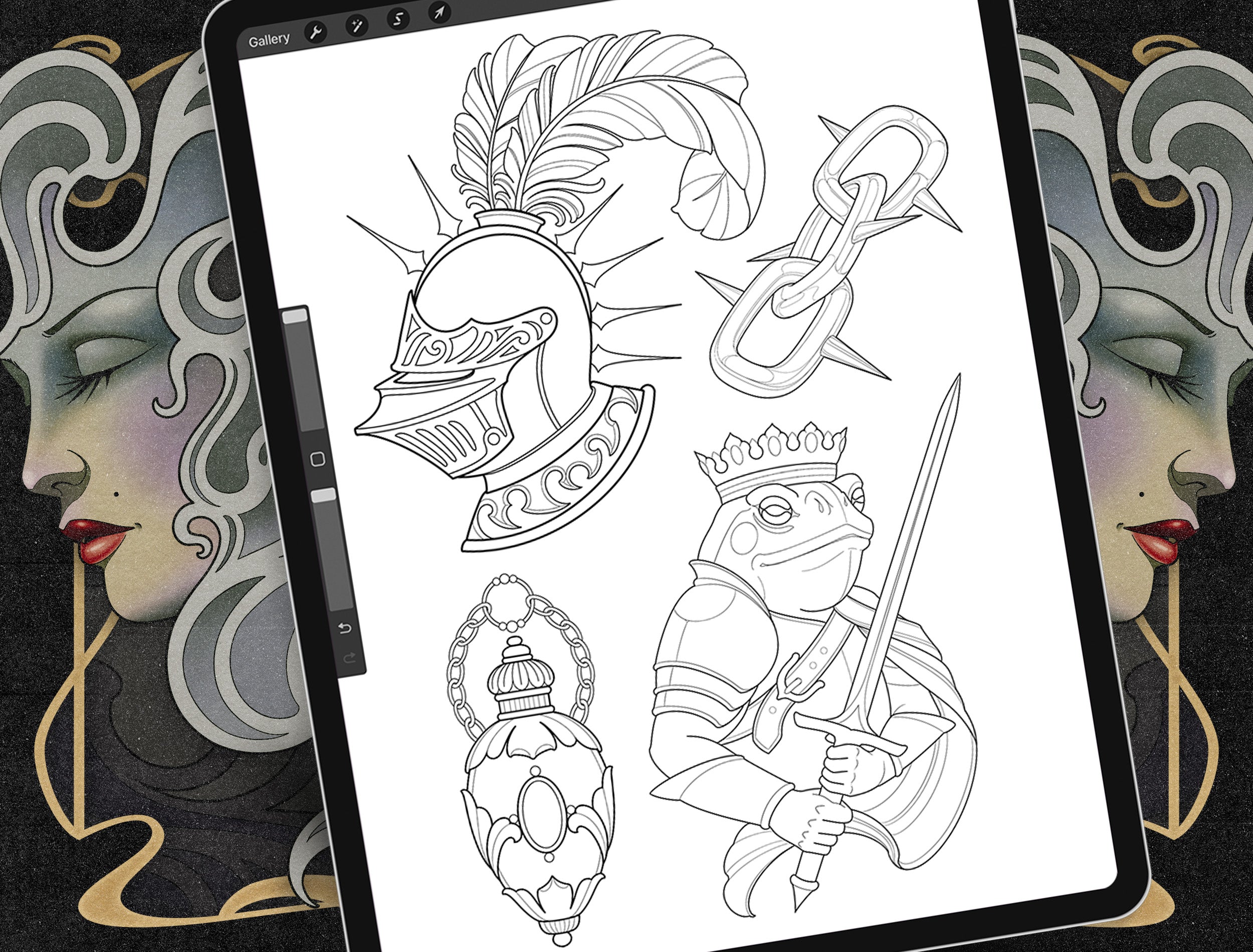 Blade and Veil 100 Tattoo Flash Stamps for Procreate by Lilith Jacobs and Tattoo Smart the detailed line drawing