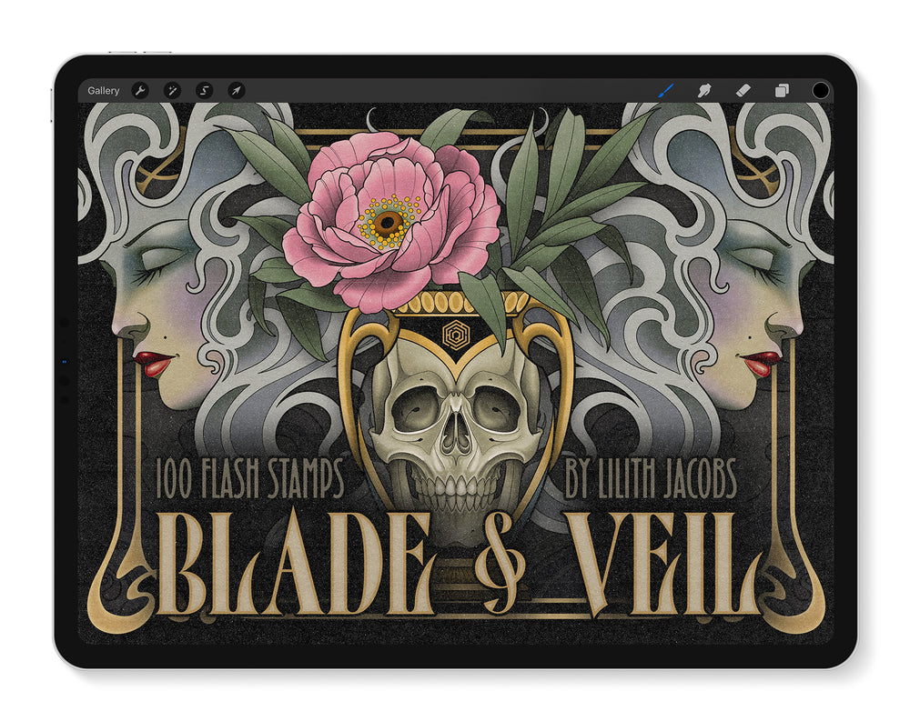 Blade and Veil 100 Tattoo Flash Stamps for Procreate by Lilith Jacobs and Tattoo Smart main image